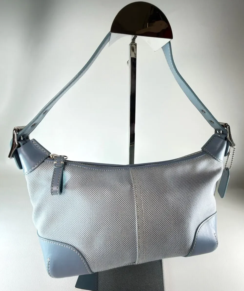 COACH 1839 VINTAGE Light Blue Canvas Leather Demi Hobo Shoulder Bag Purse MINT
